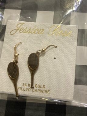 Jessica Rose Gold Tennis Racket Drop Earrings. New in package.14 k gold.